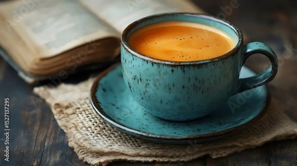 Fototapeta A serene moment: A cup of coffee and a book create a perfect atmosphere for relaxation.