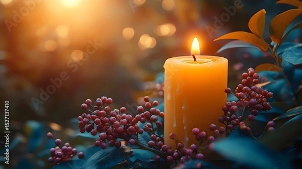 Fototapeta A glowing candle illuminates the scene with warm, inviting light amidst lush greenery.
