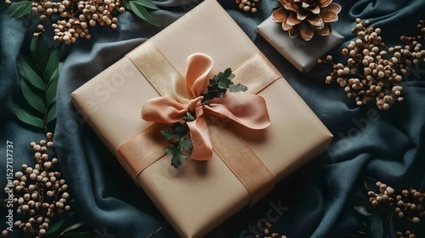 Fototapeta A beautifully wrapped gift box adorned with a peach satin ribbon and festive decorations.