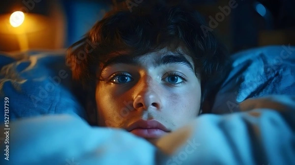 Fototapeta A young man with blue eyes looks at the viewer, partially covered by a blanket in bed.