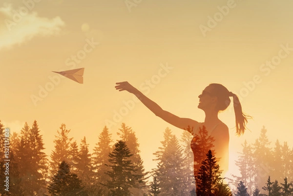 Fototapeta Woman throwing paper airplane and launch on the background of bright sun  treetops and picturesque sunset, freedom, vision, future concept 