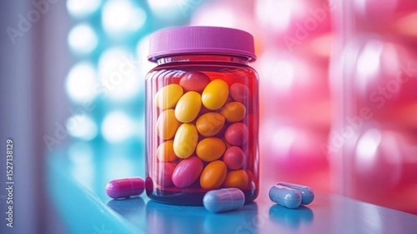 Fototapeta Red Jar Containing Colored Pills on Blue Surface