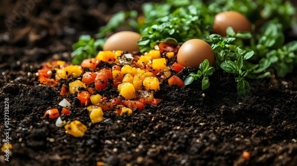 Fototapeta A macro shot of fresh vegetables and eggs nestled in rich, fertile soil, promoting a healthy lifestyle.