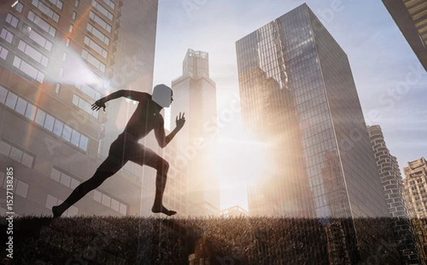 Fototapeta Man running in city on path to success, commitment, opportunity business concept 