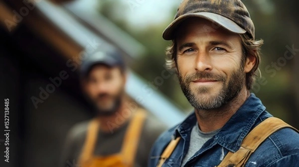 Fototapeta Smiling carpenter in workwear posing for a photo on a construction site, outdoors.