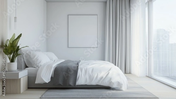 Fototapeta Small minimalist bedroom with under-bed storage, single nightstand, and bright window for a clutter-free look