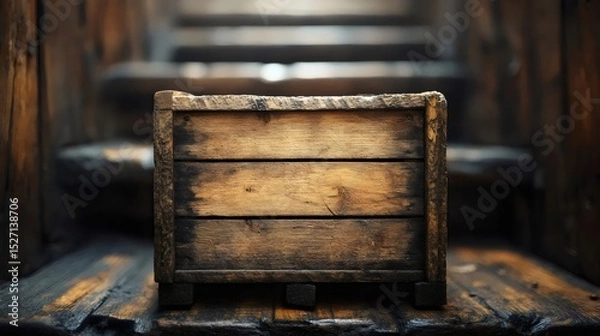 Fototapeta A rustic wooden crate showcases texture and age against a blurred wooden backdrop.