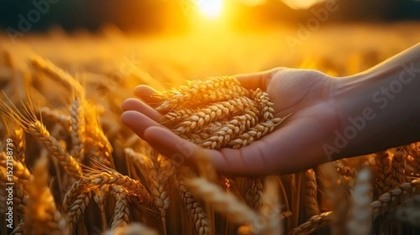 Fototapeta A hand cradles ripe golden wheat, bathed in the warm glow of the setting sun.