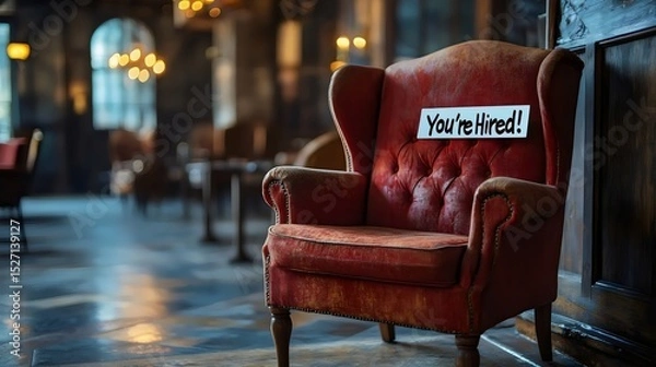 Fototapeta A red armchair with a sign saying, 'you're hired!' in a blurred setting, ready for success.