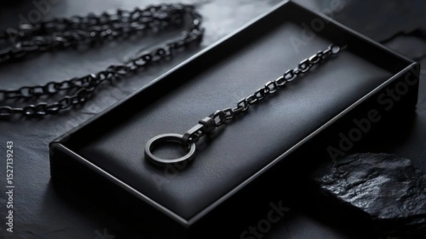Fototapeta Elegant black key chain and chain accessory, showcased in a stylish still life presentation.