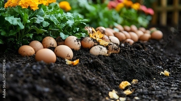 Fototapeta Eggs nestled in rich soil, creating a scene of organic gardening and natural beauty.