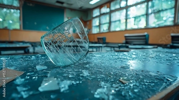 Fototapeta Broken glass and shattered remains in a desolate classroom create a haunting scene.