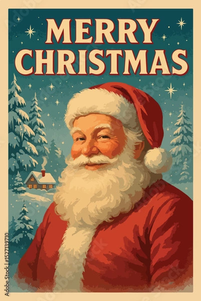 Obraz Vintage Christmas card with jolly man and snow covered scene. | for greeting card, cover or poster