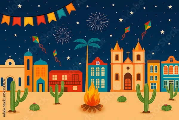 Obraz Colorful illustration of a nighttime Festa Junina, with vibrant flags, balloons, a crackling bonfire, fireworks and a starry sky. The typical houses and cacti in the scene reinforce the festive and tr