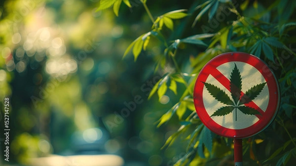Fototapeta Close-up of red warning sign with cannabis leaf symbol, caution alert for marijuana and drug awareness, substance abuse prevention concept.