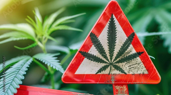 Fototapeta Close-up of red warning sign with cannabis leaf symbol, caution alert for marijuana and drug awareness, substance abuse prevention concept.