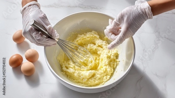 Fototapeta Overhead shot of a whisk stirring butter and sugar in a white bowl. A gloved hand, a white counter, and soft light create a clean, minimal baking moment. 