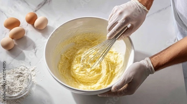 Fototapeta A gloved hand whisks melted butter and sugar in a white bowl. Natural light floods the clean kitchen. Only the man’s forearm and shirt are visible in this calm, focused shot.  