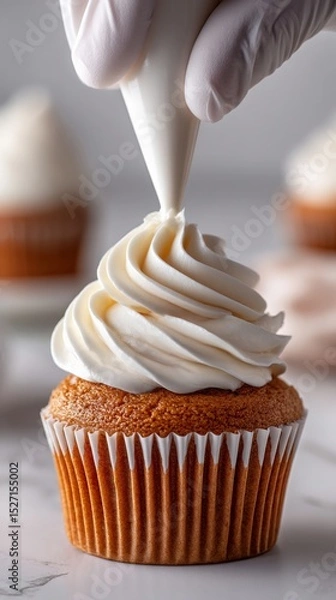 Fototapeta A golden cupcake is being topped with buttercream by gloved hands, the swirl halfway done. Natural light highlights its texture on a clean white surface. 
