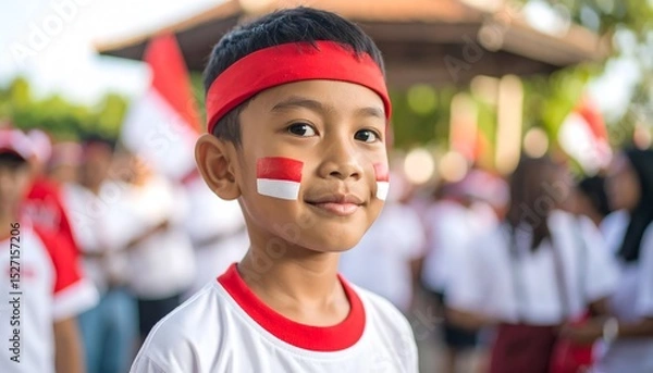 Fototapeta A young boy, wearing a red headband and a white shirt with red trim, has his face painted with red and white, resembling the Indonesian flag.