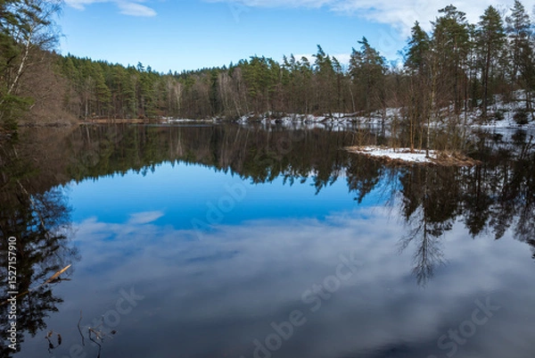 Obraz Barsjön lake with reflections of pine forest and a small snowy island under a blue sky in Vedema, Hässleholm, Sweden
