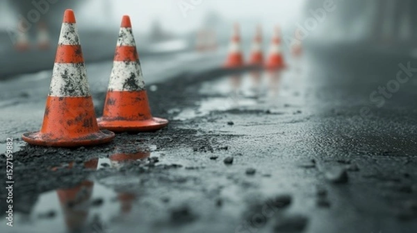 Fototapeta Two muddy orange and white traffic cones on a wet road under fog, with more cones in the background.