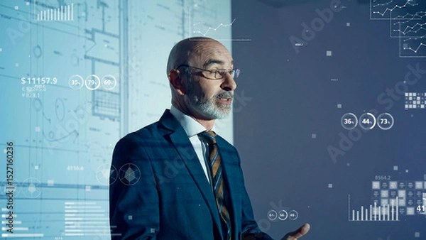 Fototapeta Conceptual visual of a businessman giving a presentation and statistical data