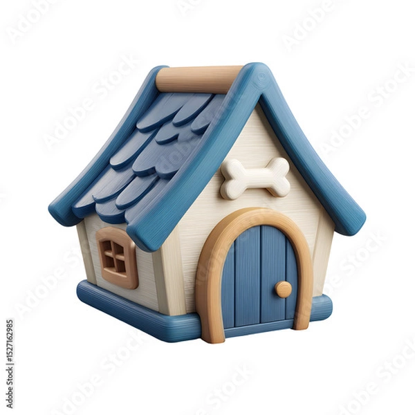 Fototapeta Detailed 3D of a cheerful toy like dog house in a blue and beige color scheme featuring a bone shaped above the door and a cozy miniature architecture style