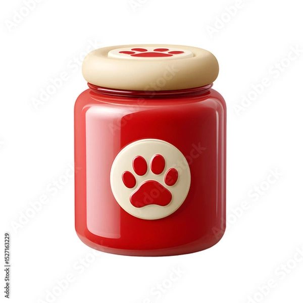 Fototapeta Red pet treat jar with cream colored paw print design on the lid isolated on a transparent background