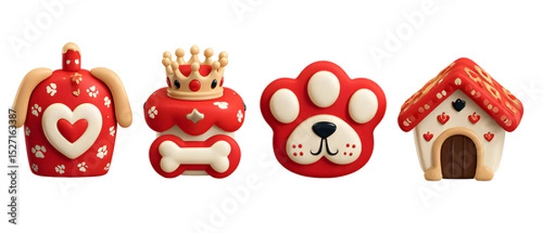 Fototapeta A set of five vibrant cartoon inspired decorative icons featuring pet themed designs such as a heart shaped paw print a crown topped bone a smiling dog head a stylized paw and a miniature dog house