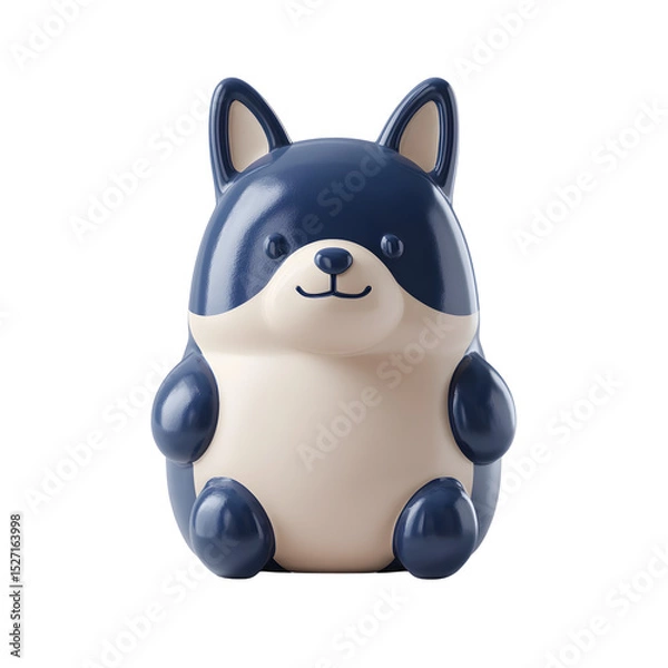 Fototapeta Playful 3D of a soft squeaky dog shaped toy in a minimalist cartoon inspired design with a dark blue body and cream colored belly