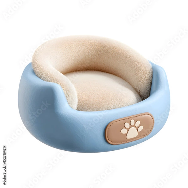 Fototapeta Soft plush pet bed in a soothing pastel blue color with a cozy cream colored inner cushion and a paw print label providing a comfortable and inviting space for pets to rest and relax