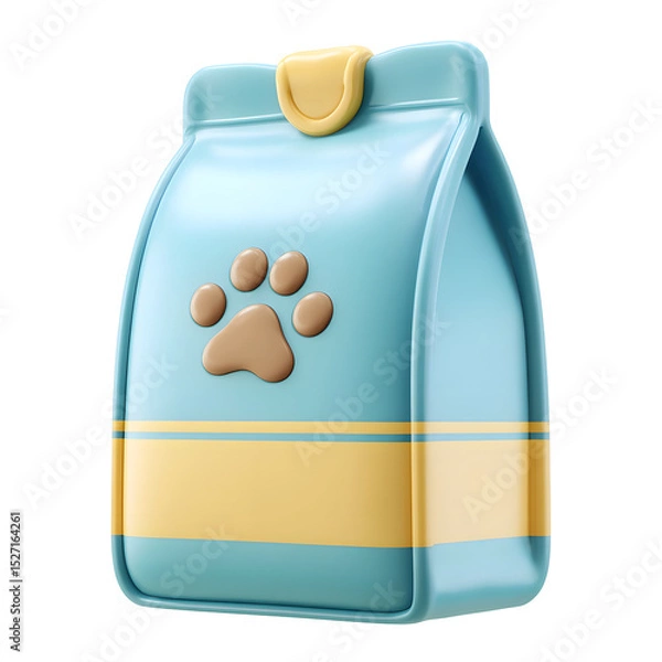 Fototapeta Cute and stylized 3D of a pastel blue pet food bag with a pastel yellow stripe and a pastel brown paw symbol featuring a resealable top and soft curved edges