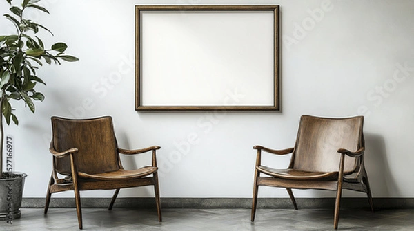 Fototapeta modern living room featuring two wooden chairs and empty frame wall, creating serene atmosphere