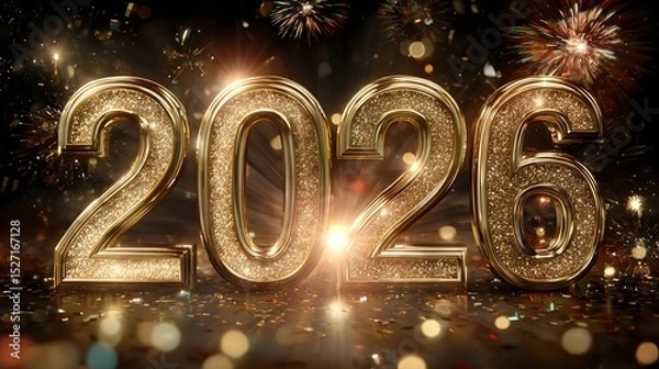 Fototapeta Dazzling golden numbers  2026  rising from a display of flare and sparkling confetti celebrating the arrival of the new year