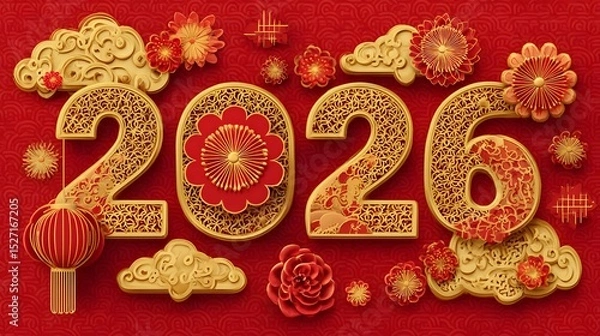 Fototapeta Vibrant red and gold papercut design featuring auspicious symbols like flowers lanterns and clouds to celebrate the upcoming Lunar New Year in 2026