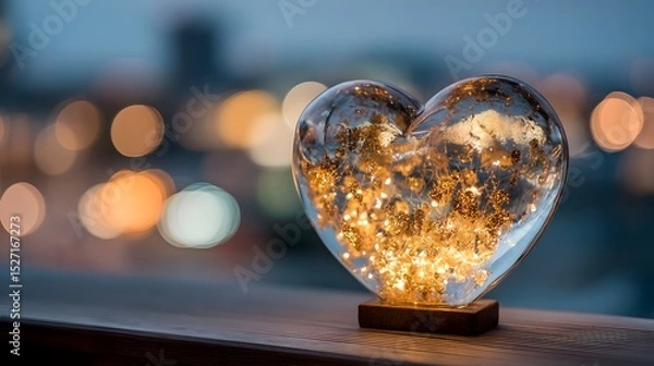 Fototapeta A heart shaped glass ornament filled with shimmering golden lights glowing against the backdrop of a blurred and illuminated city skyline at night