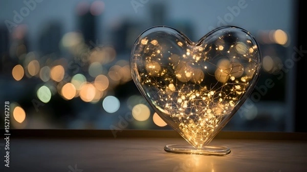 Fototapeta A captivating glass heart filled with shimmering golden lights glowing against a blurred bokeh rich city skyline creating a dreamy enchanting atmosphere
