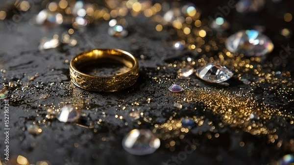 Fototapeta A luxurious gold ring sits elegantly on a sleek reflective black background surrounded by a scattering of sparkling crystals and glittering golden confetti