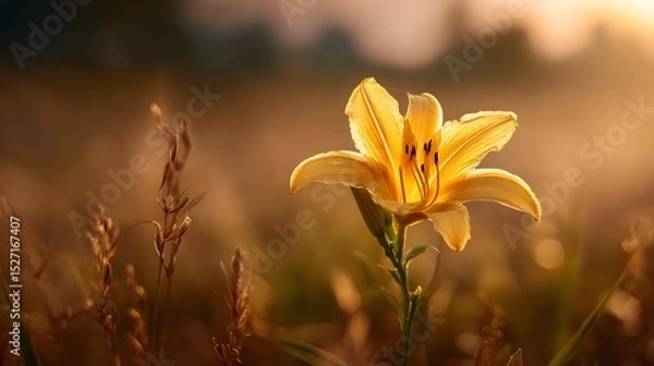 Fototapeta A solitary yellow lily blossom stands out against the warm glowing light of a golden sunset field with a soft blurred background creating a serene and symbolic atmosphere