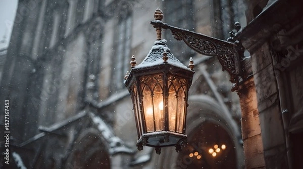 Fototapeta Glowing antique street lantern casting a warm light amidst the falling snow set against the backdrop of a picturesque gothic building in a nostalgic winter atmosphere