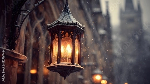 Fototapeta An ornate illuminated antique street lamp casts a warm glow against the backdrop of a historic gothic style building with soft snowflakes drifting through the air creating a cozy