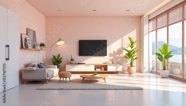 Fototapeta Modern minimalist living room interior with soft pink walls, large windows, and potted plants for bright and airy atmosphere
