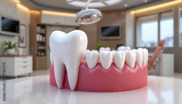 Fototapeta Realistic 3D Model of Tooth with Gum in Dental Office Setting, Dental Care, Oral Health and Hygiene Concepts