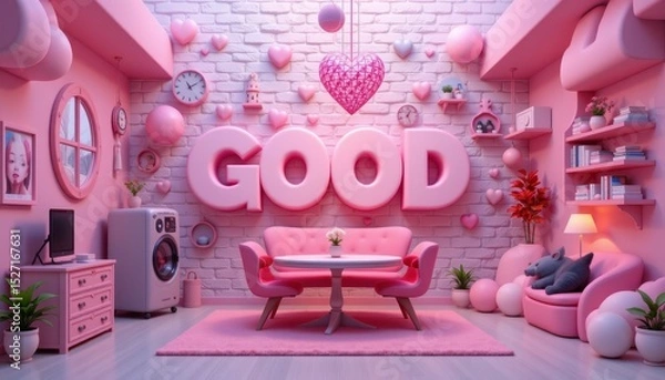 Fototapeta Cozy and Charming Pink Room with Heart Decor and Whimsical Furniture for a Dreamy Atmosphere
