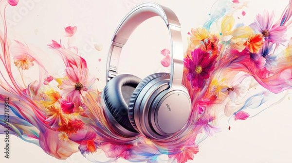 Fototapeta Colorful Music Expression with Headphones and Floral Art