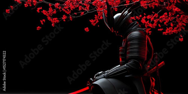 Fototapeta Warrior's Contemplation Under Blossoms: A stoic warrior, adorned in dark, enigmatic armor, finds solace beneath a canopy of vibrant red blossoms. His form is shrouded in mystery.