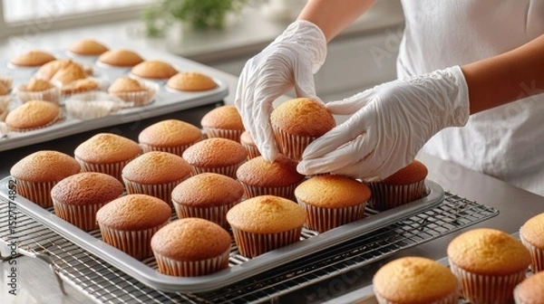 Fototapeta A Korean man's gloved hands gently place golden cupcakes onto a wire rack. The white kitchen counter is tidy, sunlit, and serene, with cupcakes cooling neatly in soft focus.  