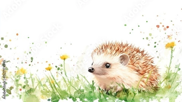 Obraz Cute hedgehog in a grassy field with wildflowers. Watercolor style