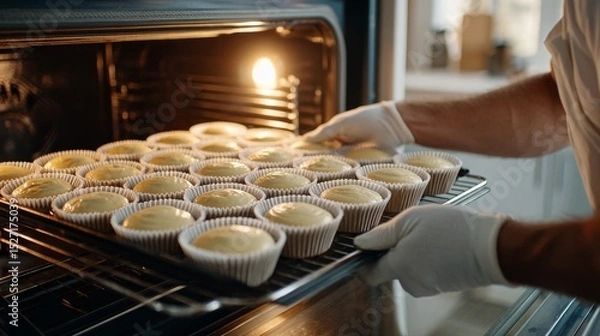 Fototapeta Soft kitchen light and oven glow merge as a white tray with cupcake batter is gently placed inside. The oven door is open. A young Korean man’s arm is partly seen from the side.